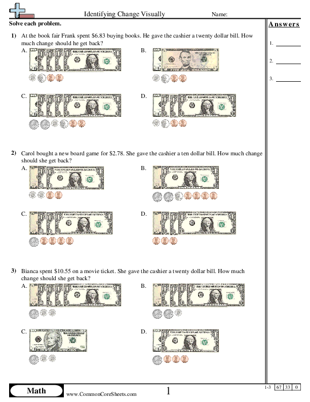 Money Worksheets - Identifying Change Visually worksheet